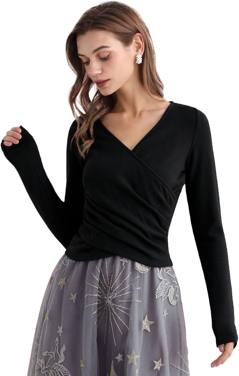 CHICWISH Women Casual Cross Wrap Ruched V Neck Long Sleeves Tops Slim Fitted T Shirt Basic Solid Tunic Black Tops - Image 2