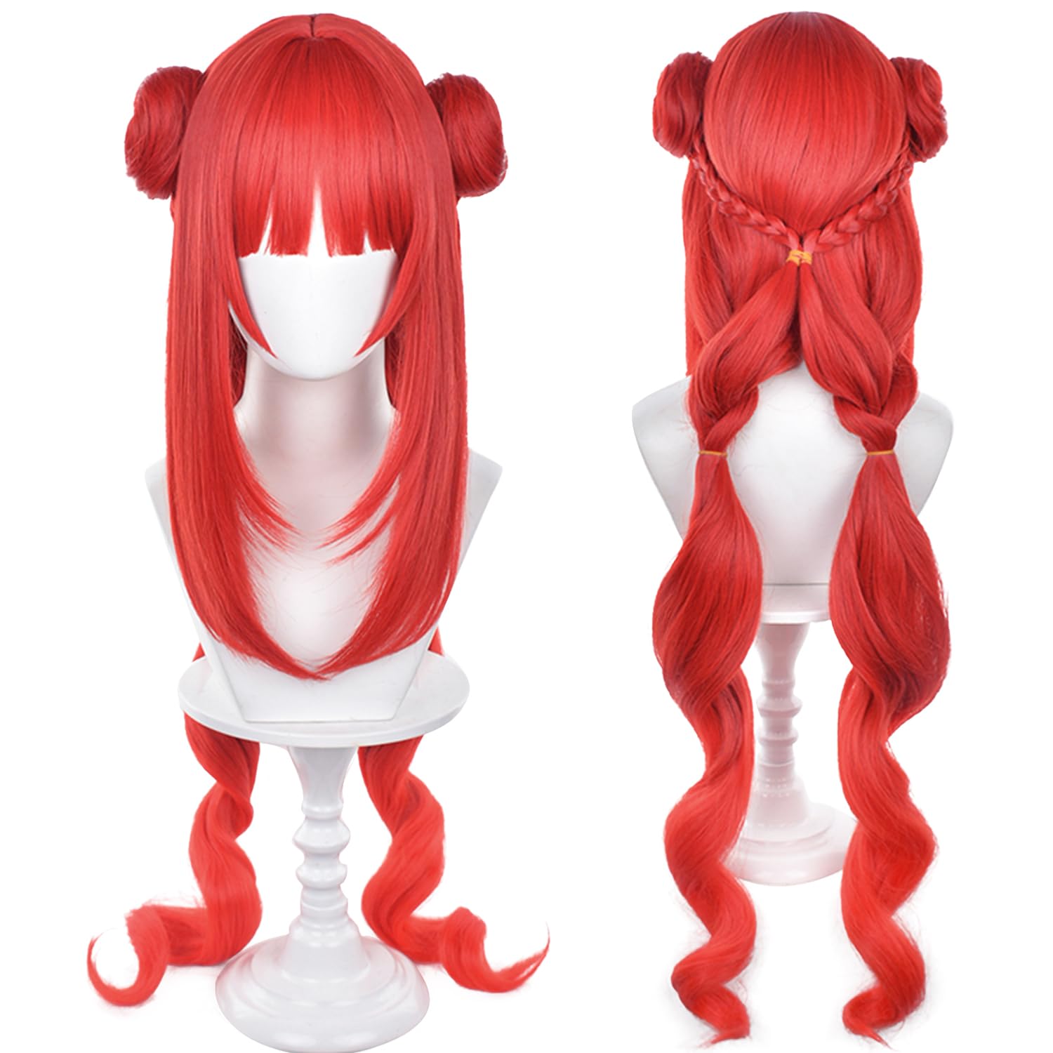 maysuwell Anime Red Long Straight wigs Pre-made Ponytail Braids and two Buns Women Teyvat Style COS Game Lotus Dancer Cosplay Wig Halloween,Comic con,