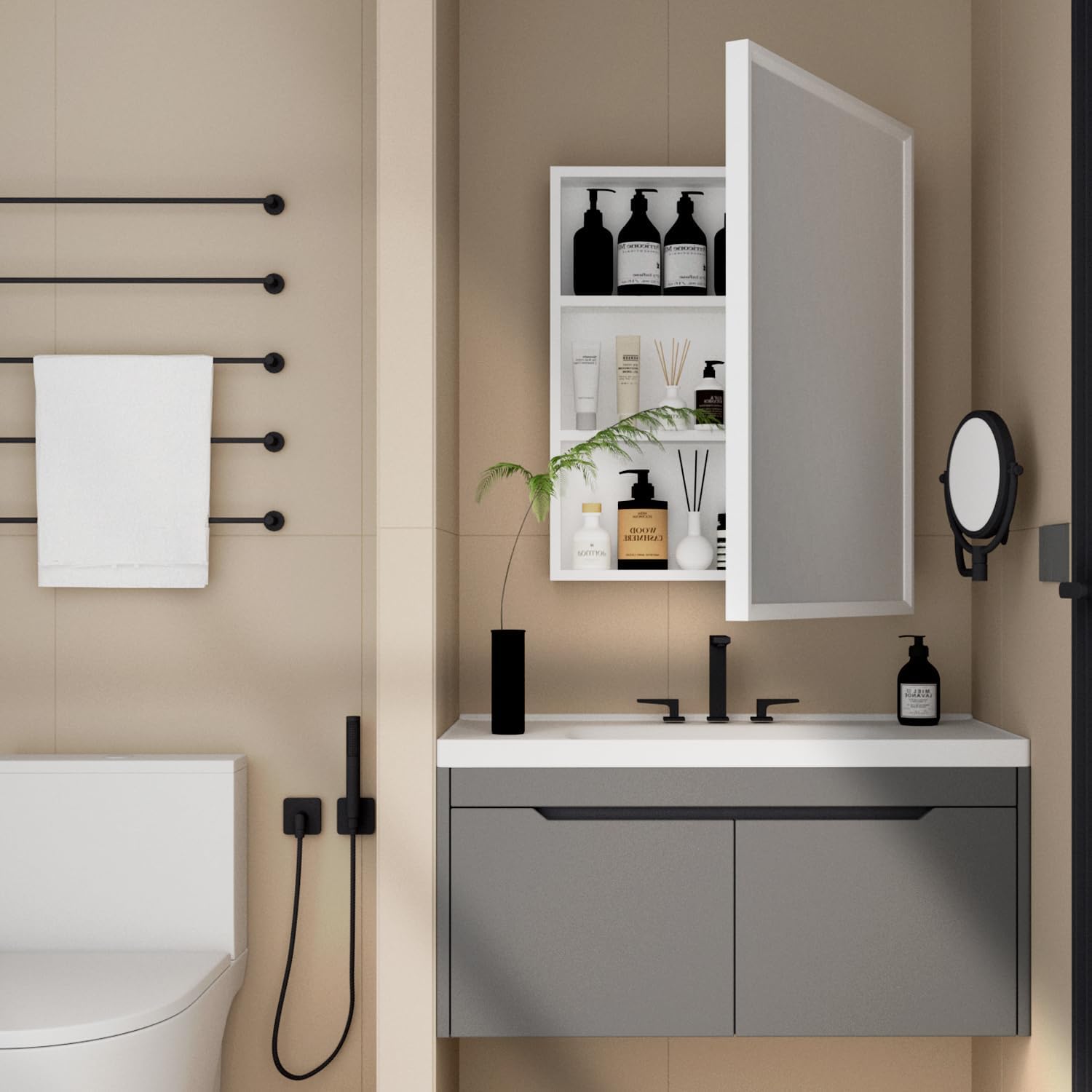 MeowWoof Medicine Cabinet Bathroom Mirror, 28''x22'' Farmhouse Wood Frame Bathroom Medicine Cabinet with Mirror, Vanity Mirrors Recess or Surface Mounted Installation (White-28x22'')