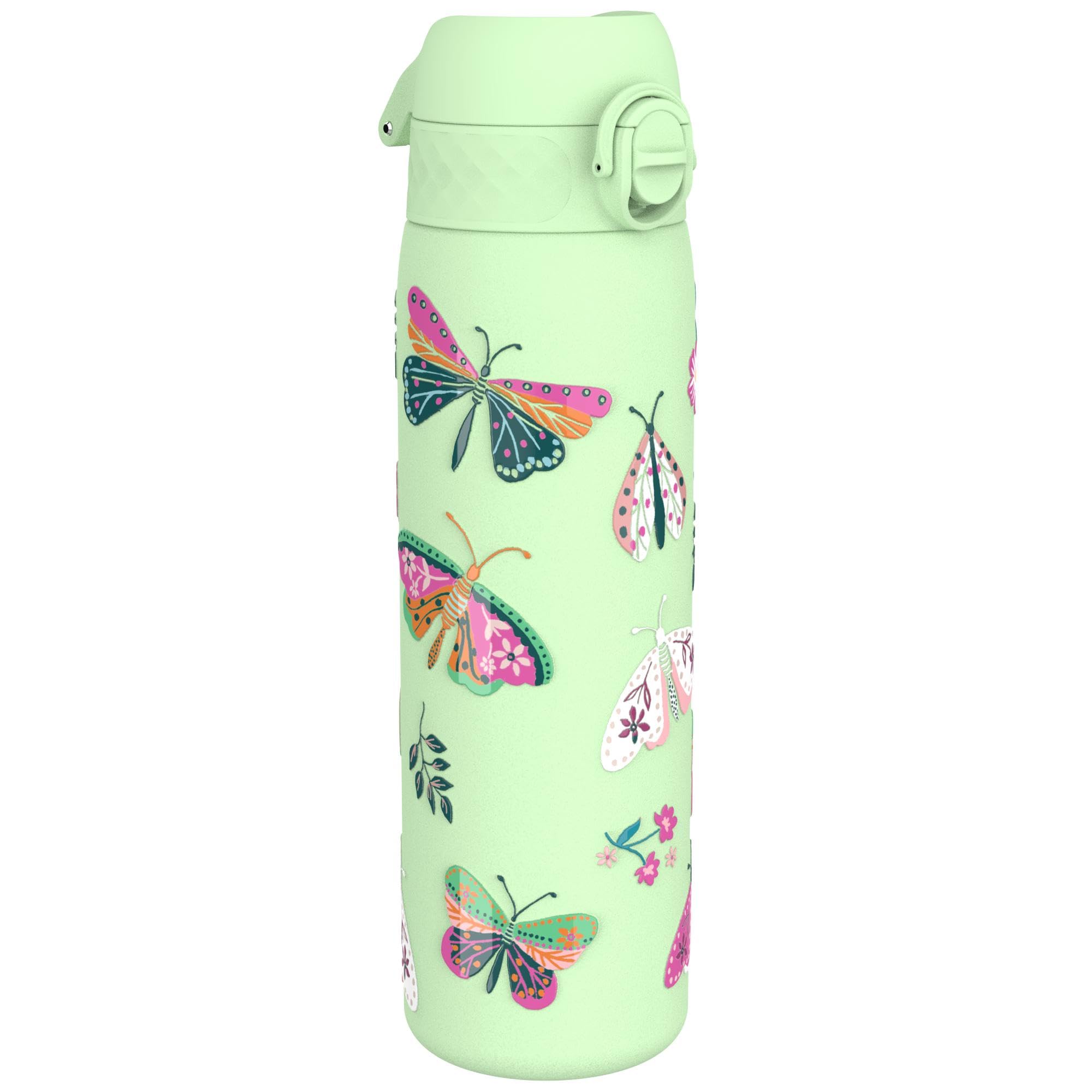 ION8 Lightweight Steel Water Bottle, 600 ml/20 oz, Non-Insulated, Leak Proof, Easy to Open, Secure Lock, Dishwasher Safe, Flip Cover, Fits Cup Holders, Carry Handle, Metal Water Bottle, Wild Butterfly