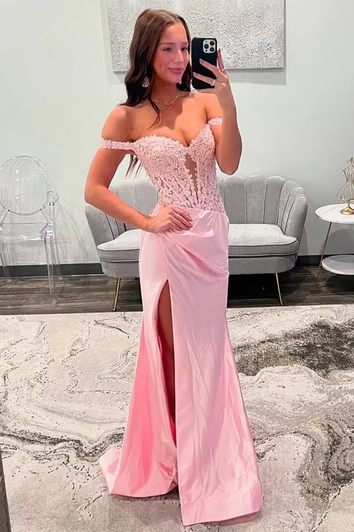 cantcauli Off Shoulder Satin Prom Dress for Women 2025 Mermaid Lace Appliques Long Evening Gown for Teens CT046