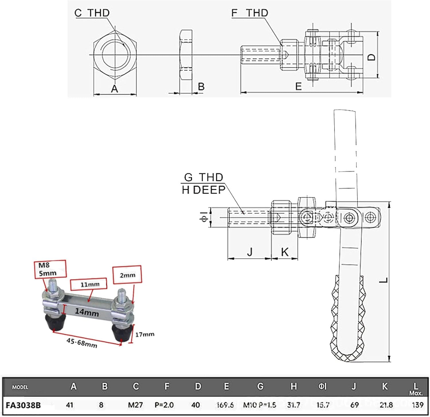 Push Pull Clamp Double Headed 65.5mm Stroke 318kg Clamping Force Quick Release Toggle Clamp with Adjustable Rubber Heads for Welding, Fixtures and Router Tables