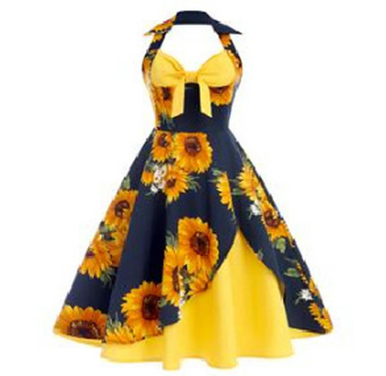 Abito da Donna con Scollo all'Americana, Scollo a V e Gonna Media Lunghezza impunturata - Giallo con Girasole Blu Navy - L