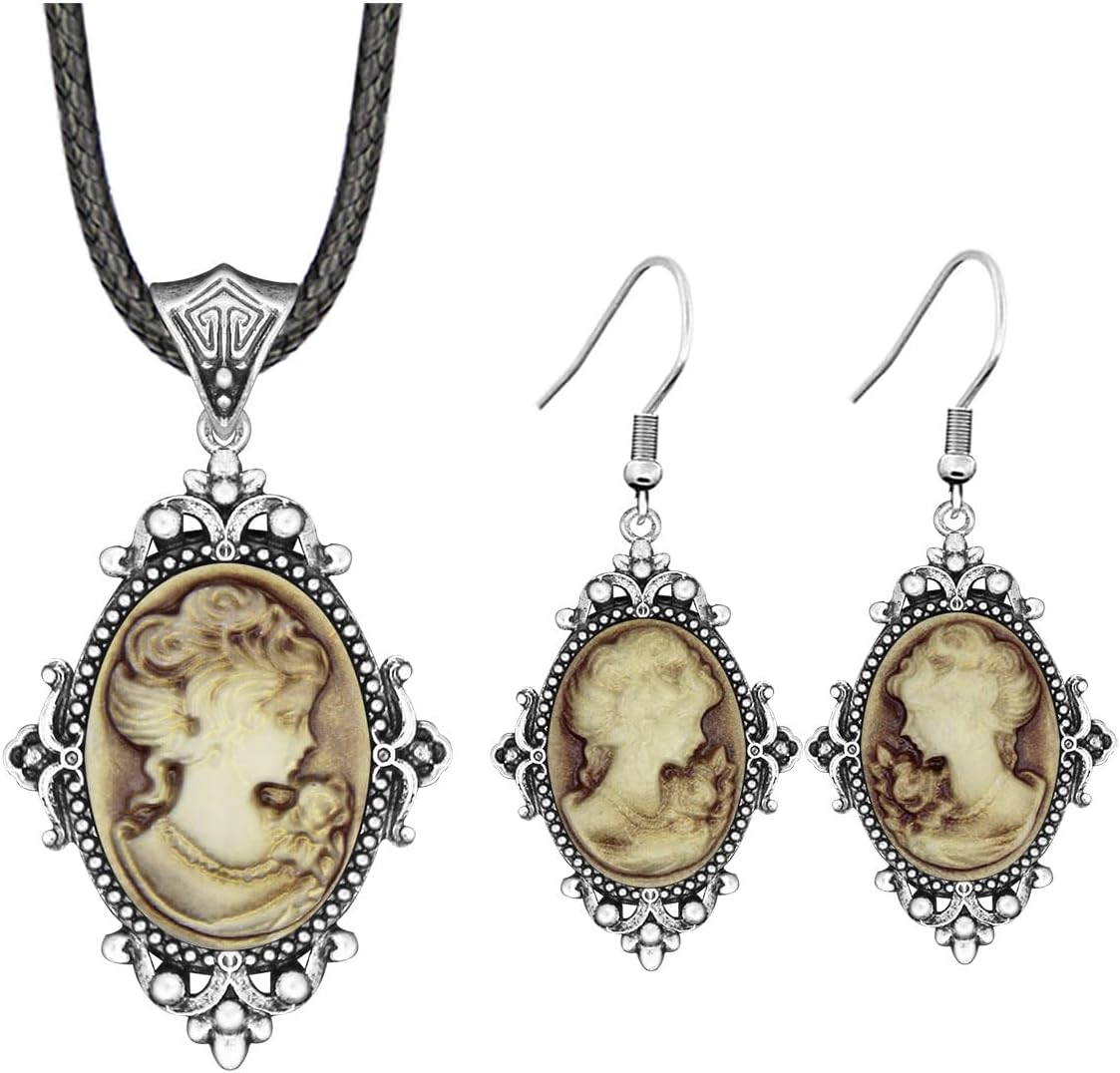 Vintage Look Flower Pendant Lady Queen Cameo Sets For Women Antique Silver Plated Cameo Necklace Earring Jewelry Set