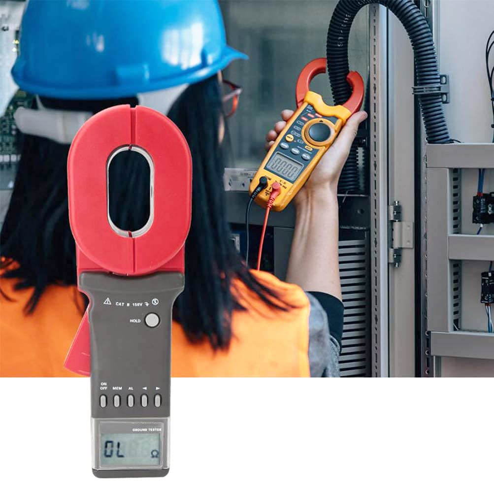 Clamp On Ground Resistance Tester Earth Resistance Meter Grounding Resistance Measurement Device with Resistance Range 0.01 to 200Ω Alarm Function 4 Digits LCD Display