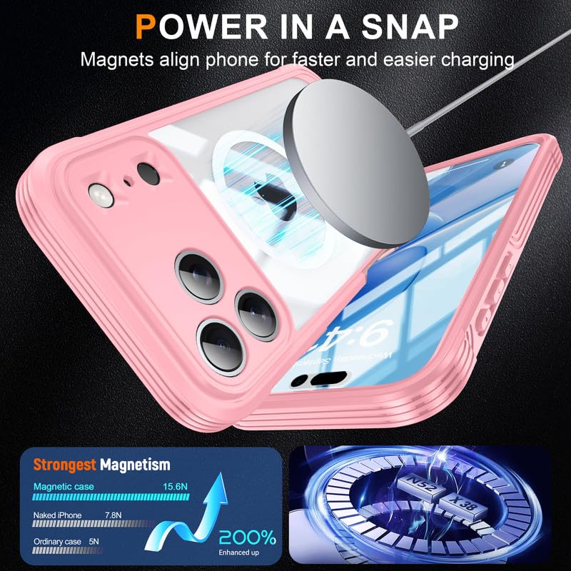 Image of LuxuryKase Shockproof Front & Back Cover for iPhone 17 Pro with Full Body Protection | Strong Grip | Camera & Screen Guard | Wireless Charging Support | Durable TPU+PC Design - Pink