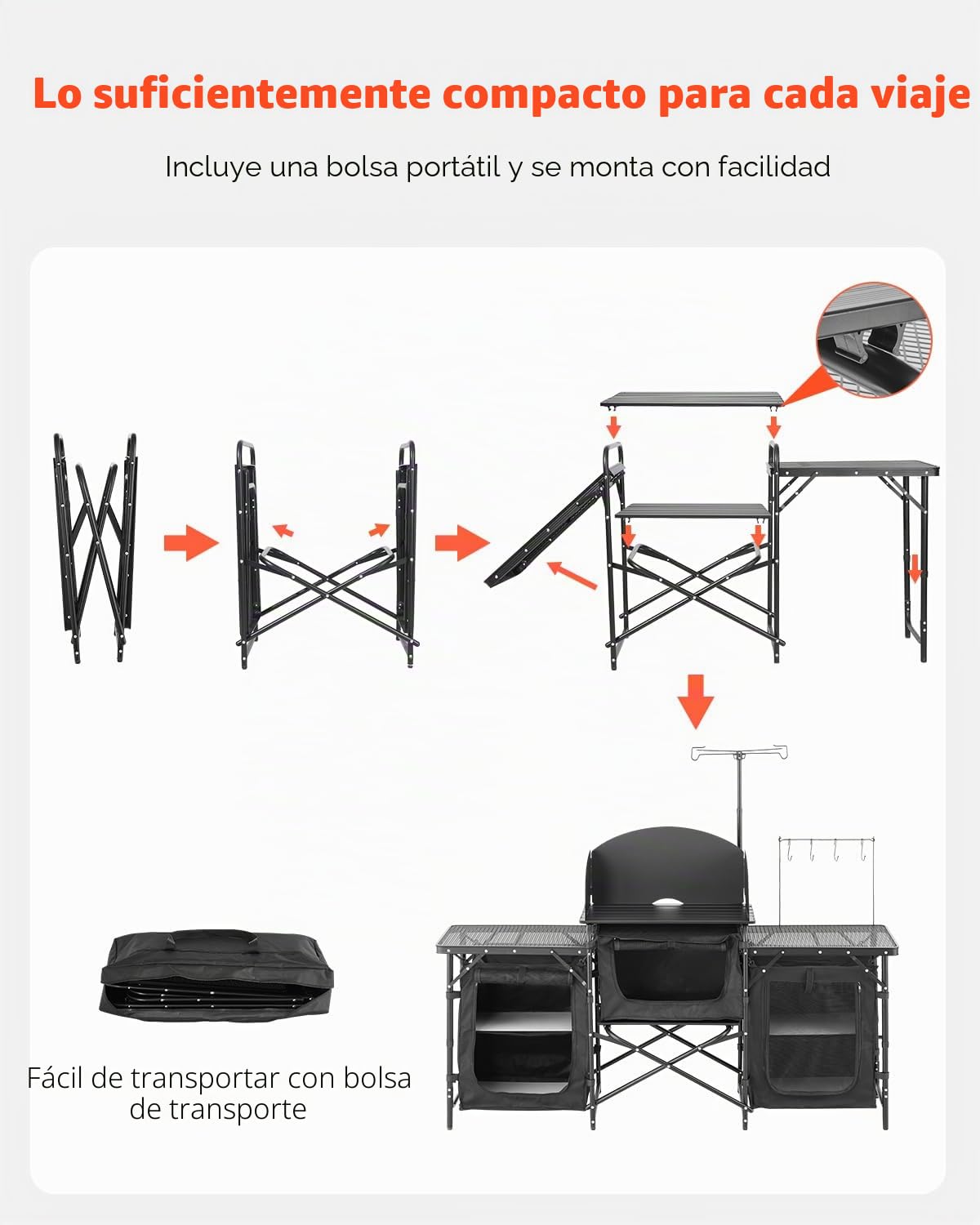 VEVOR Mesa de Cocina Portátil para Acampar, de Aluminio, con 3 Armarios de Almacenamiento, Bolsa de Transporte, Parabrisas Desmontable, Configuración Rápida para Barbacoa, Fiesta, Pícnic, Negro