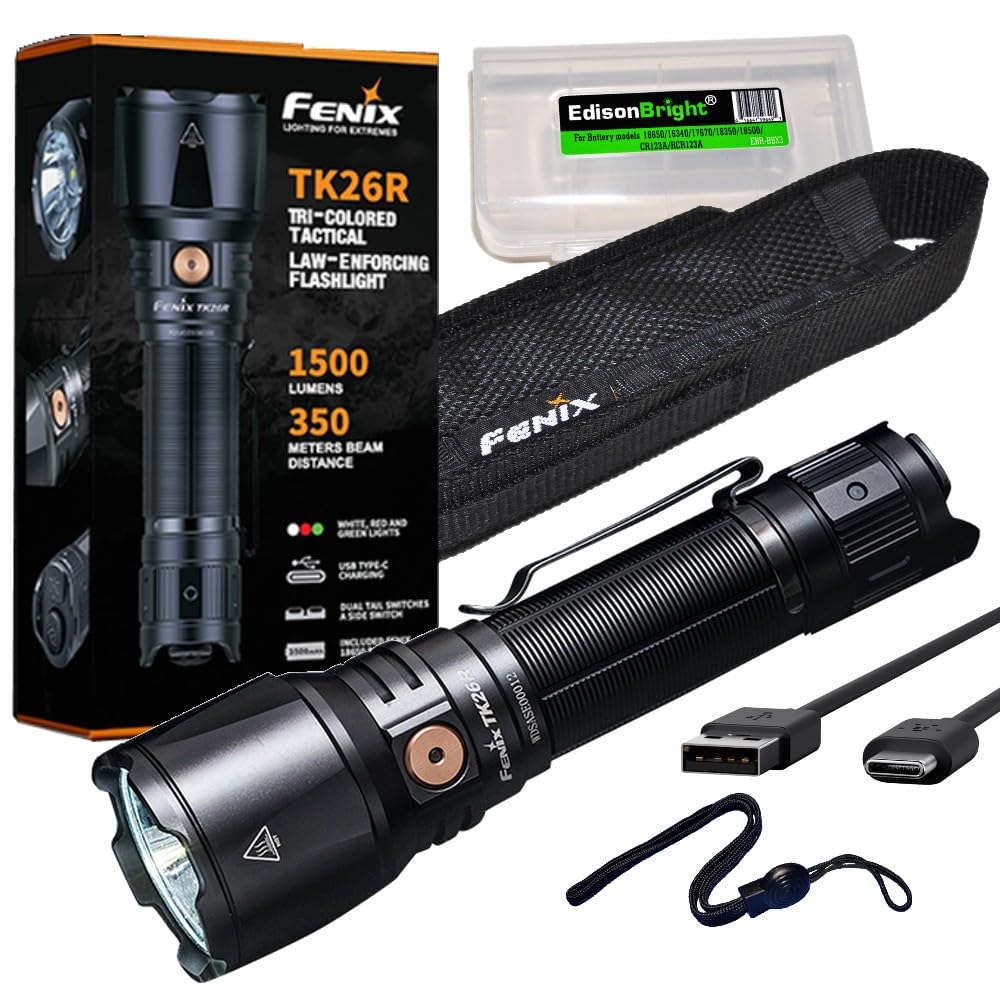 Fenix TK26R 1500 Lumen White/red/Green LED Hunting Flashlight, Rechargeable Battery with EdisonBright Accessory Carry case Bundle