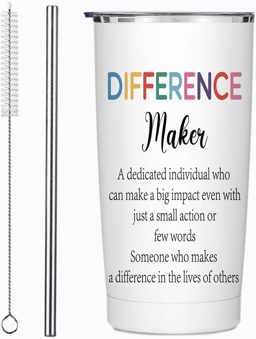 Thank You Gifts for Women 20 oz Stainless Steel Insulated Coffee Tumbler with Lid and Straw, Difference Maker Teacher Appreciation Christmas Birthday Gifts for Teachers Nurse Boss Coworkers Friend