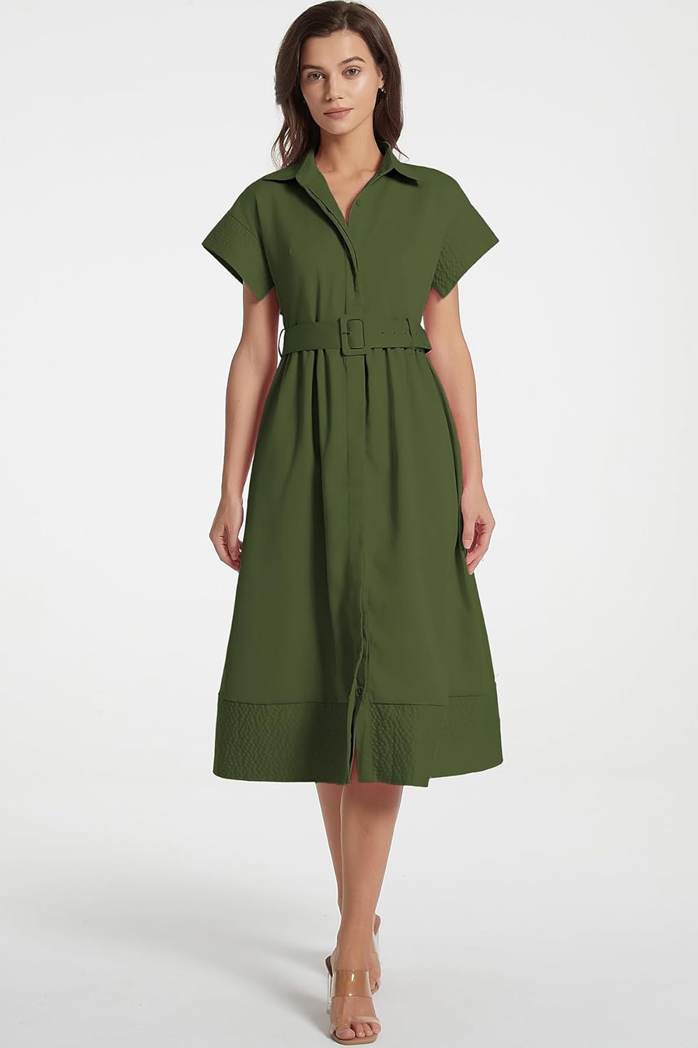 Ladyful Women Casual Button Down Shirt Dress Short Wing Sleeve Buiness Midi Shirt Dress with Belt Elegant Dress - Image 4