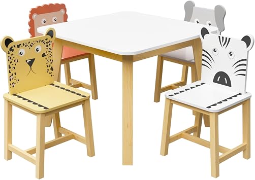 Kids Table and Chairs, Childrens Table and Chair Set of 5 Piece, Wooden Cartoon Animals Design, Ideal for Arts & Crafts, Gift for Ages 2+, White
