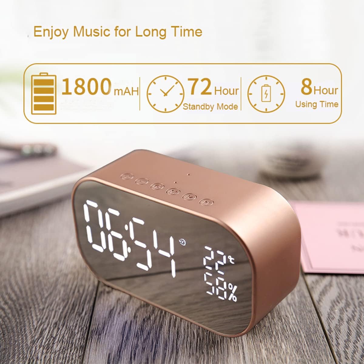 Digital Radio Alarm Clock,Wirless Bluetooth Speaker Clock USB Charging AUX TF Card Play for Desktop(Rose Gold)