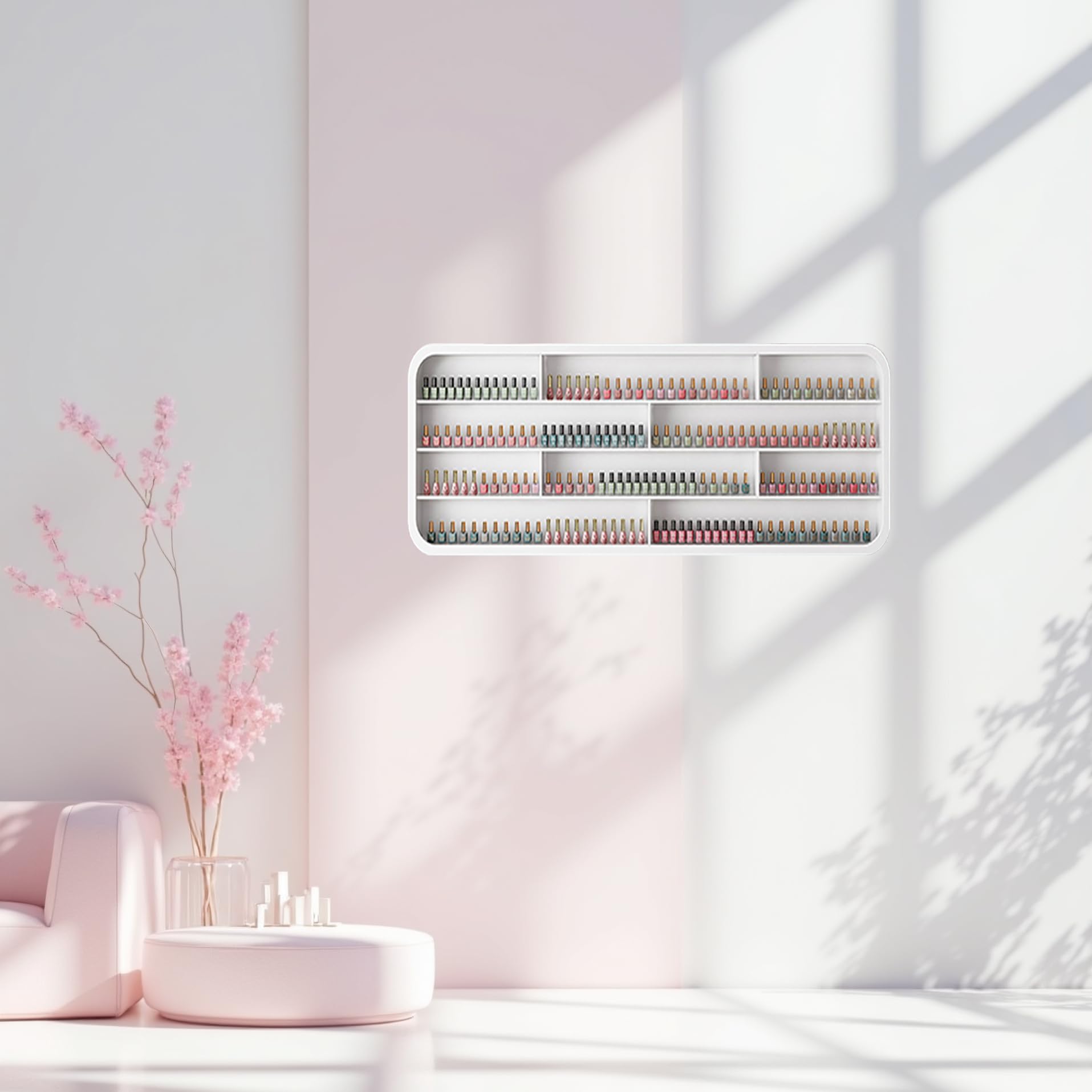Mensola Porta Smalto A Parete, Porta Smalto per Salone di Bellezza, Espositore per Cosmetici in Legno Bianco,1.2m