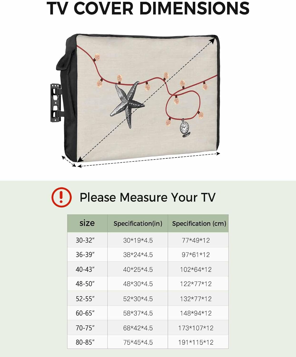 Christmas Starfish Outdoor TV Cover 80"-85" - 600D Waterproof TV Cover Weatherproof TV Screen Protector Dustproof Retro Xmas Pocket Watch Red Line on Burlap TV Display Protector for Flat Screen TV