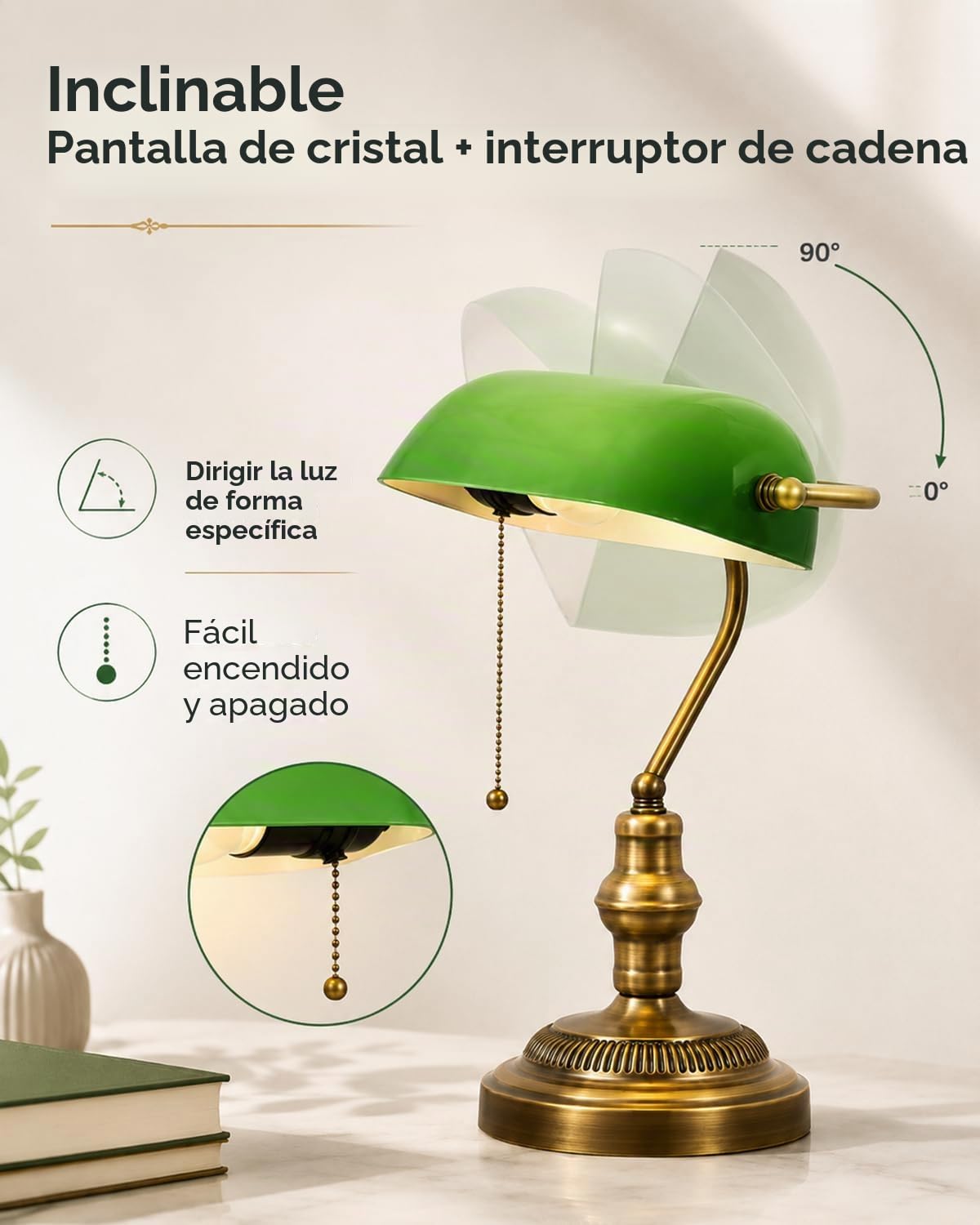 LANMOU Lámpara Banquero Verde, Cristal, E27 | Lámpara de Escritorio Vintage, Interruptor de Cadena, Efecto Latón, Banker's Lamp Para Mesa, Estudio, Rincón de Lectura