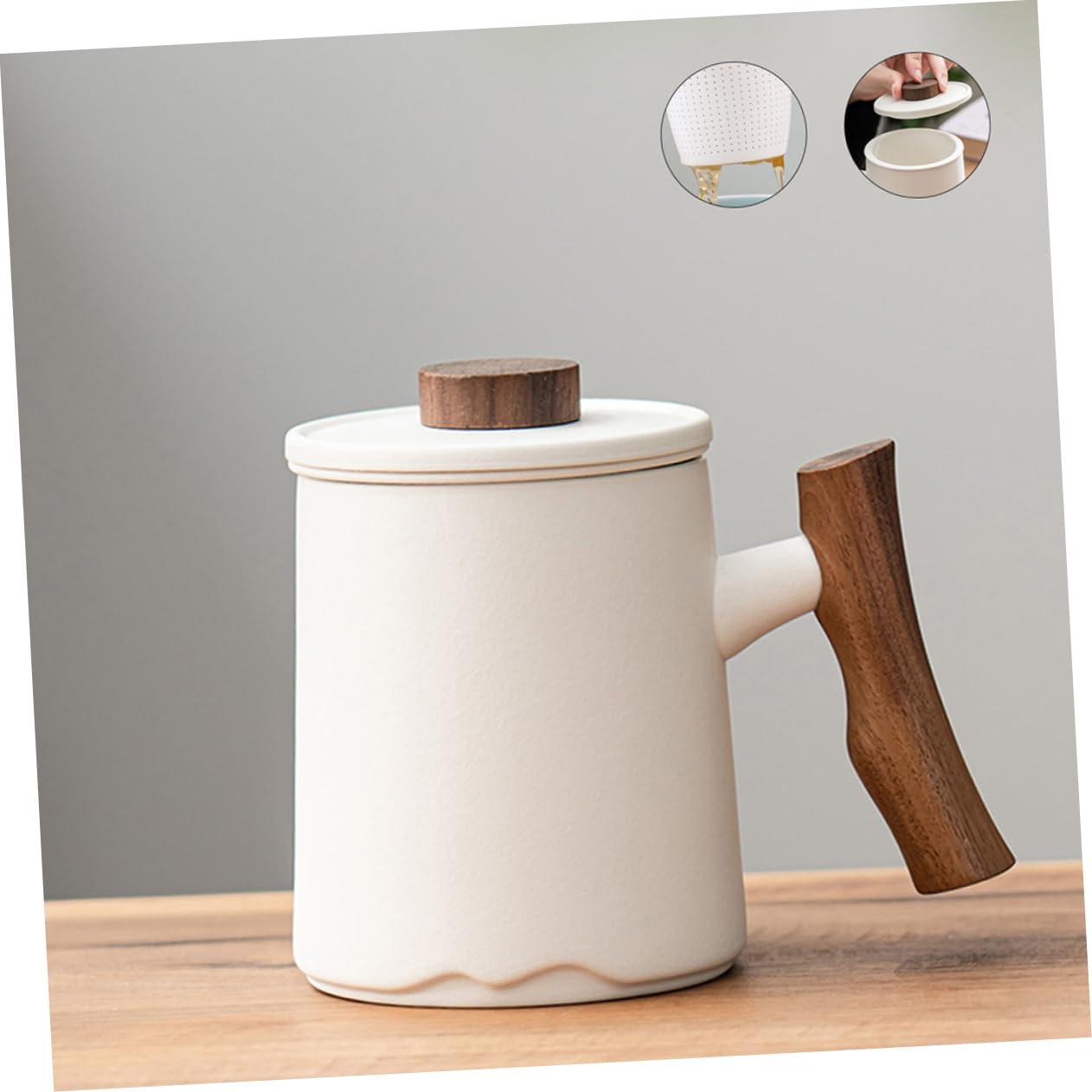 Mug avec Passoire à Thé 360ml en Céramique avec Poignée Bois Blanc
