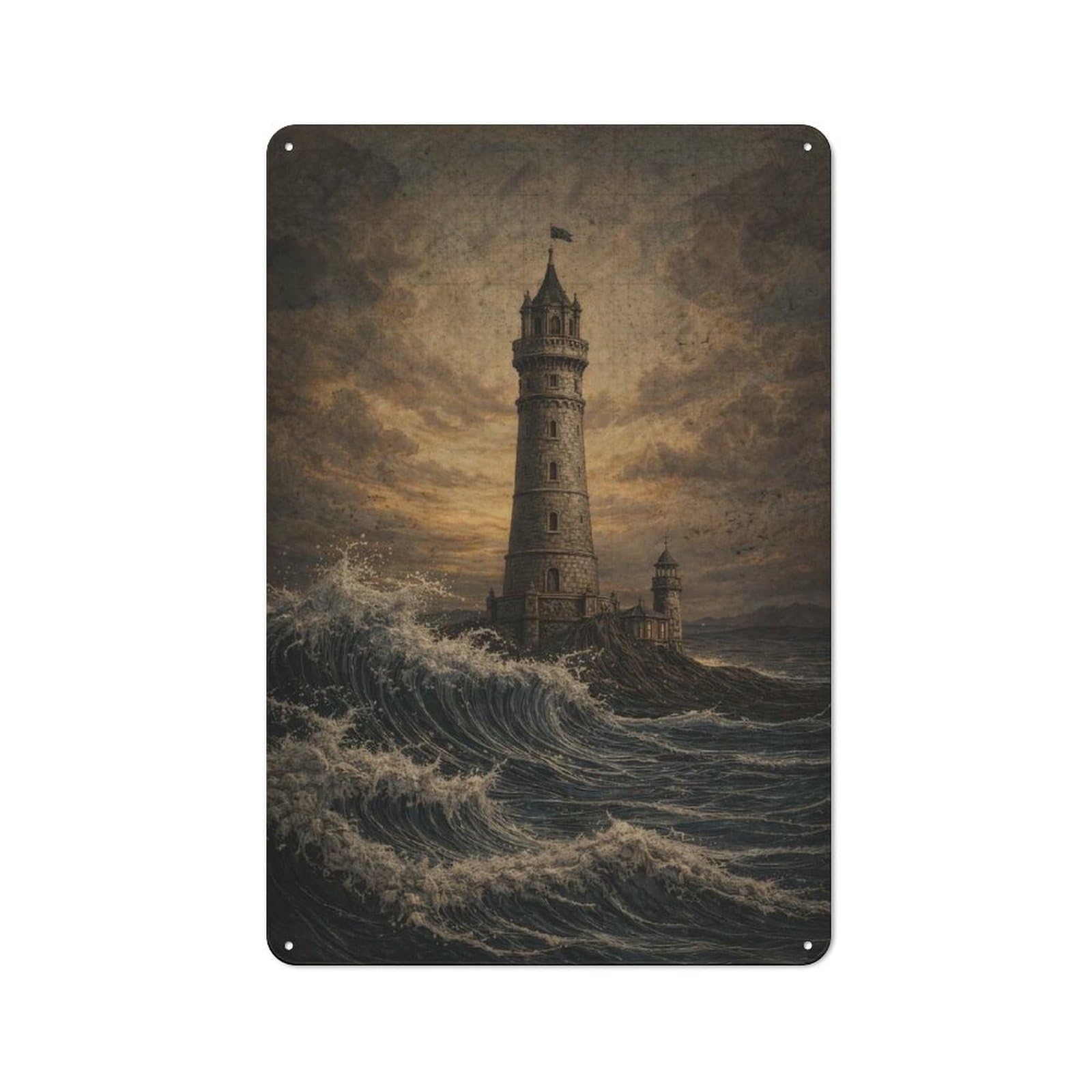 Junmoney Style-16 Decorative Tin Plaque With Stormy Seas Lighthouse Design 30X20cm, Decorative Novelty Wall Art For Bedroom, Kitchen, Office Or Living Room