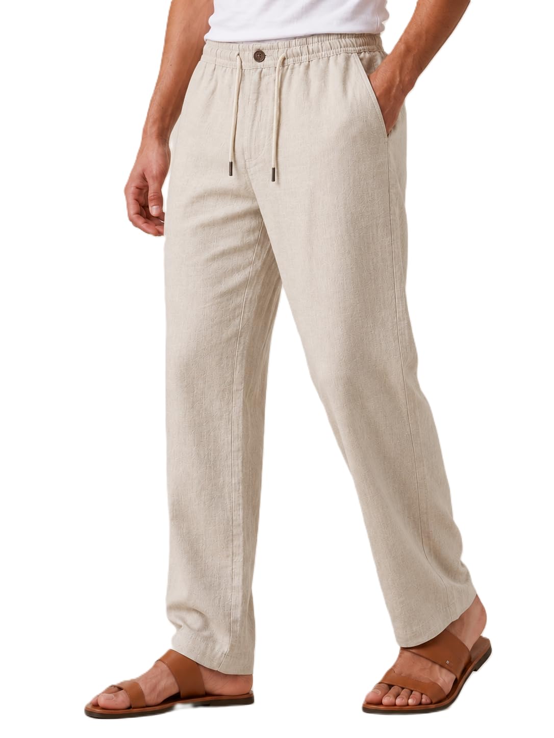 Men's Linen-Blend Pants, Elastic Waistband, Secure Zipper Pocket, Back Patch Pocket, Casual Straight Fit-image-39