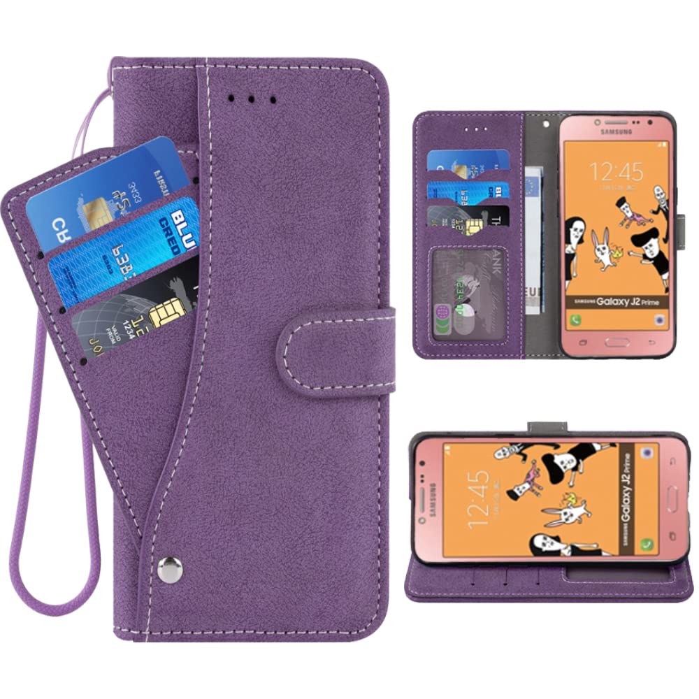 ELISORLICompatible with Samsung Galaxy Grand Prime J2 Prime Wallet Case Wrist Strap Lanyard Leather Magnetic Flip Card Holder Stand Cell Accessories Phone Cover for Glaxay 2 2J Plus Women Men-Purple