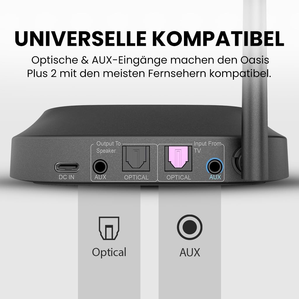 Avantree Oasis Plus 2 – Bluetooth‑Sender für Fernseher mit Fernbedienung zur Lautstärkeregelung, unterstützt Zwei Kopfhörer, aptX‑Adaptive, Soundbar‑Passthrough, für optische oder AUX‑TVs