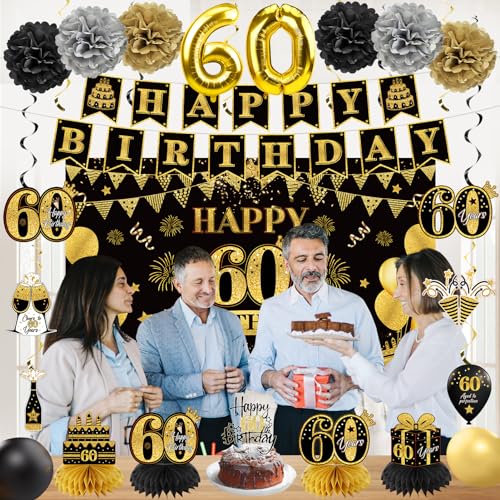 Eucutur SX00321 42Pcs 60Th Birthday Decoration Kit For Men Women, Black Gold Happy 60Th Bday Banner Balloons Honeycomb Centerpiece Swirl Paper Pompoms Party Supplies thumb #4