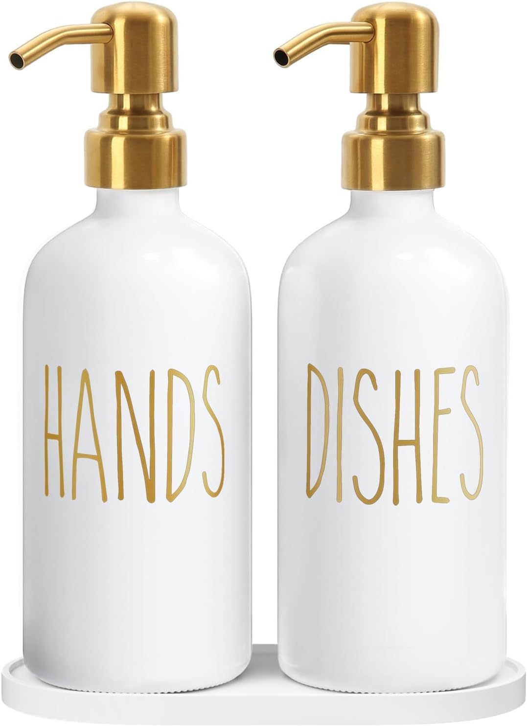 2 Pack Glass Soap Dispenser, Contains Dish Soap and Hand Soap Dispenser - 500 ML Farmhouse Wash Up liquid Dispenser with Stainless Steel Pump & Tray for Kitchen Bathroom (White & Gold)