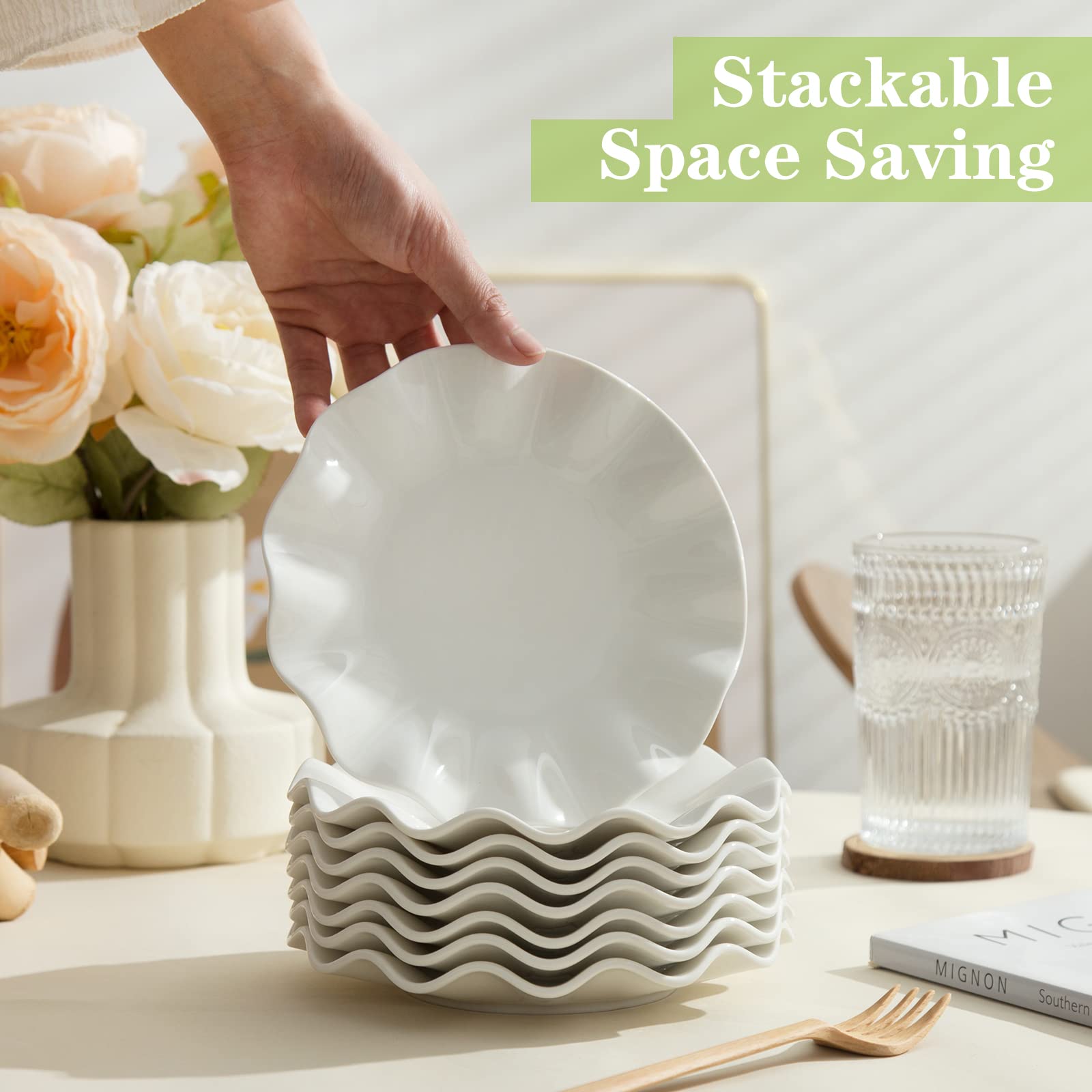 Lot de 12 assiettes en porcelaine de 17,8 cm, petites assiettes à dessert, assiettes ondulées, résistantes aux rayures, sans plomb, passent au micro-ondes, au four et au lave-vaisselle, blanc