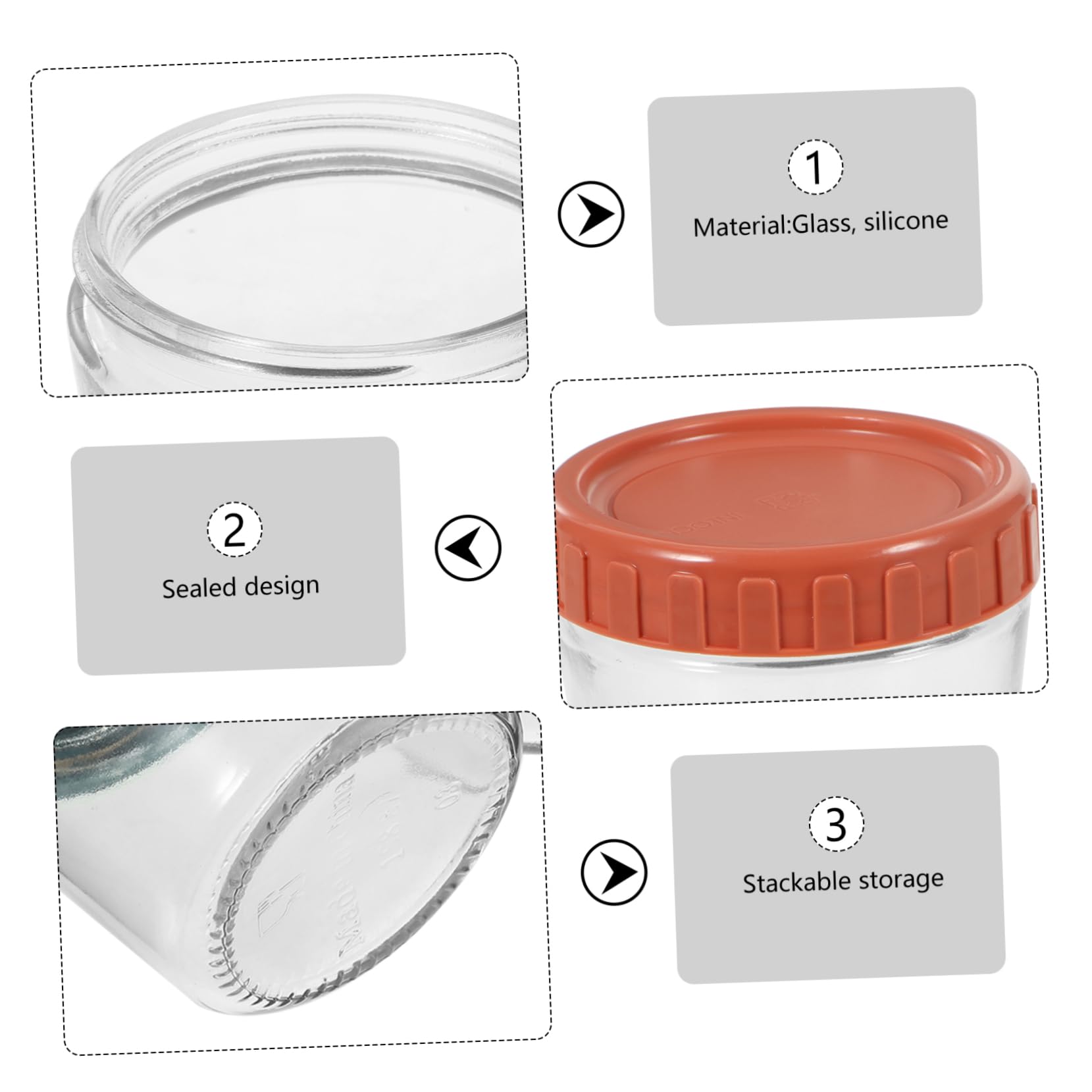 Mobestech Set de 4 Frascos de Vidrio Tapa de Silicona Sellada, Contenedores para Almacenar Alimentos Pequeños, Diseño Apilable y Fácil Acceso para Cocina y Yogur