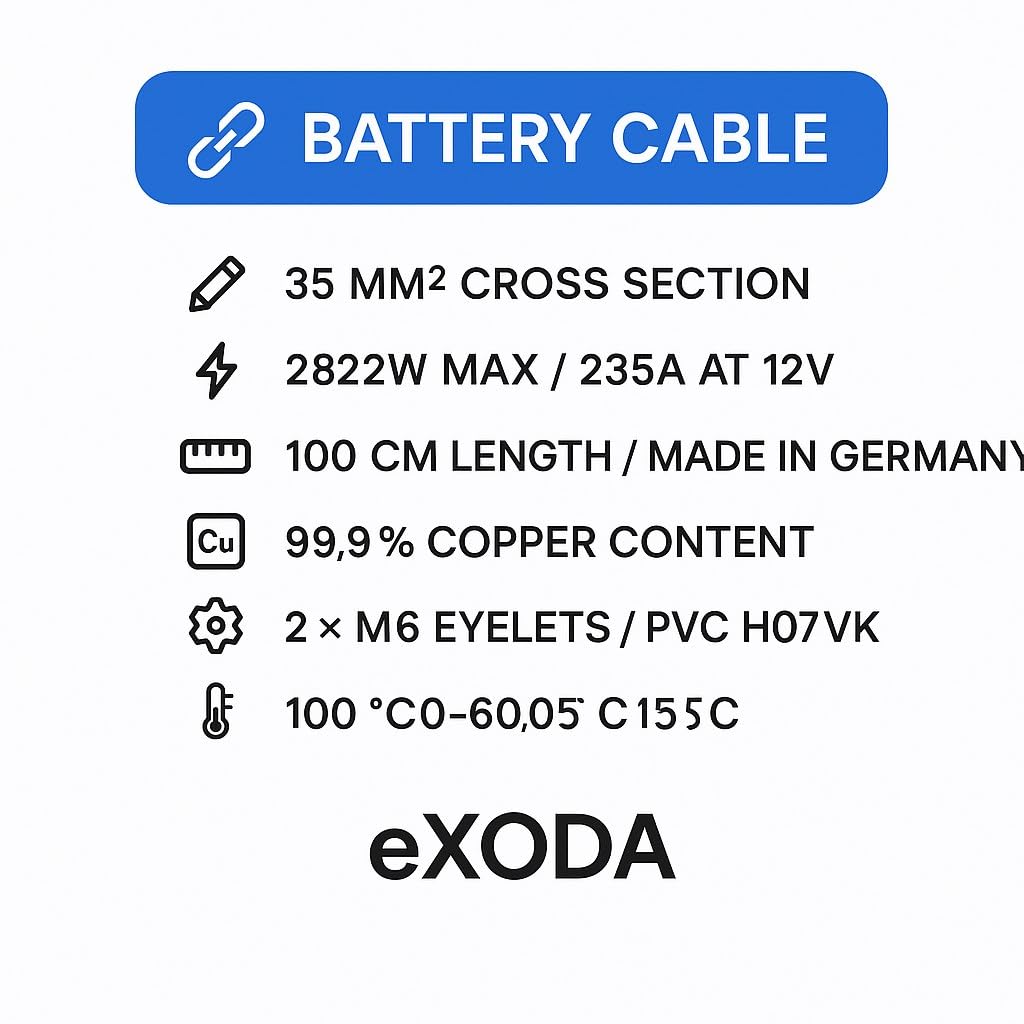 Exoda Cavo Batteria Set 35 mm² 100cm con capocorda M6 Rosso Nero per Auto Barca Moto alta flessibilità 99 percento rame per trasmissione energetica affidabile in sistemi 12V