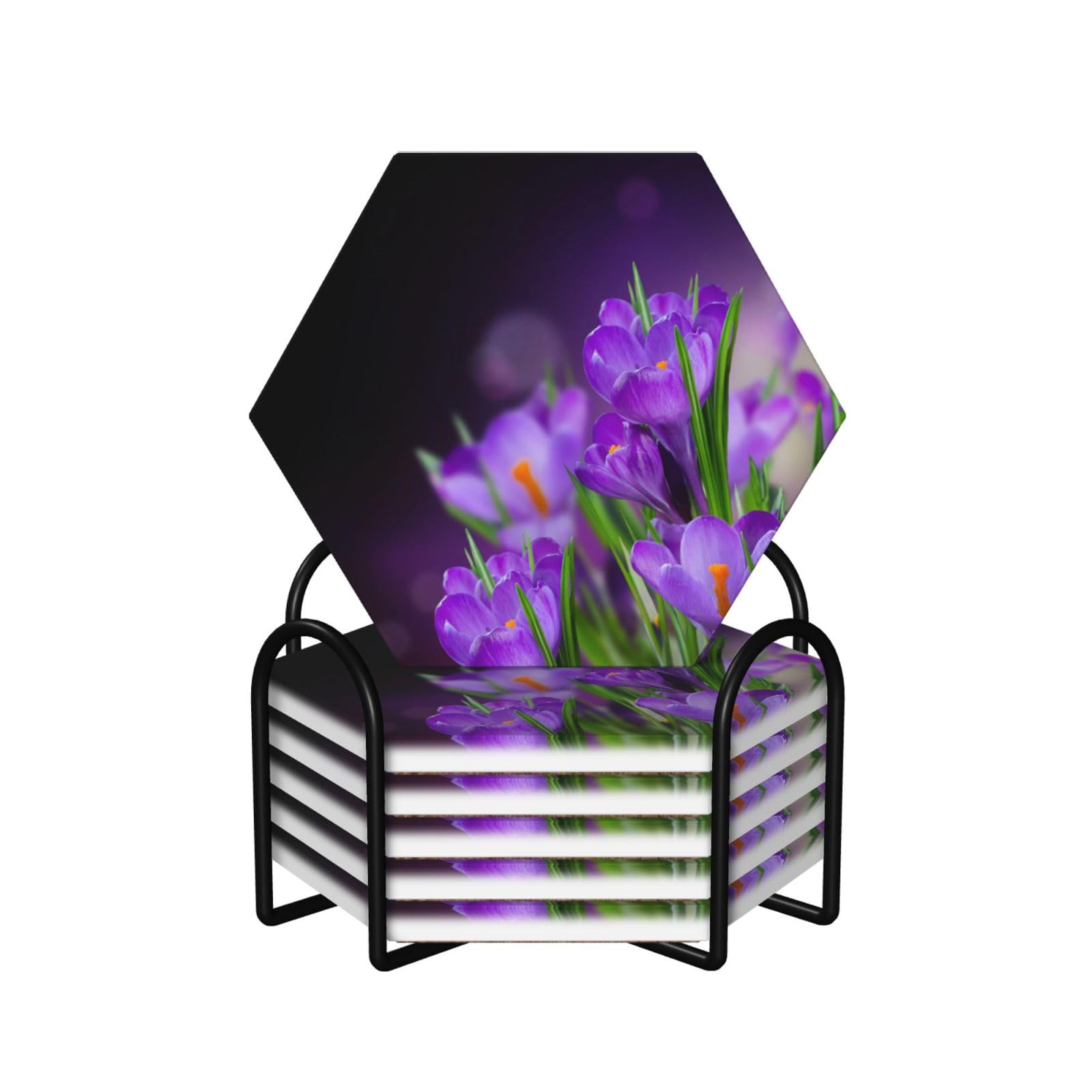 Set di 6 sottobicchieri decorativi in ceramica con foglie verdi e fiori viola stampati