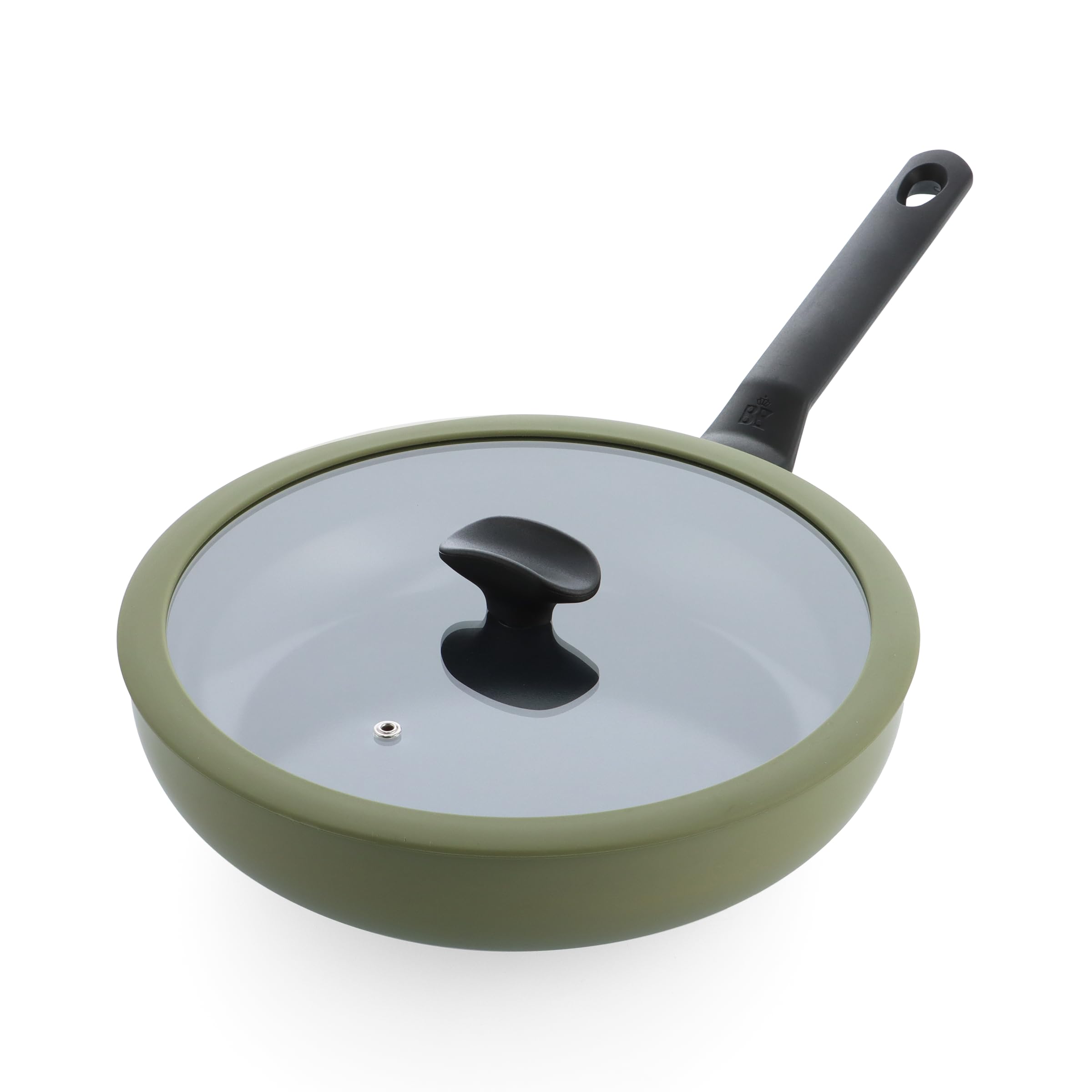 BK Enjoy - Padella antiaderente in ceramica con coperchio, Ø 28 cm/3,4 l, senza PFAS, adatta al forno fino a 160 °C, lavabile in lavastoviglie, riscaldamento rapido, manici freddi, verde oliva