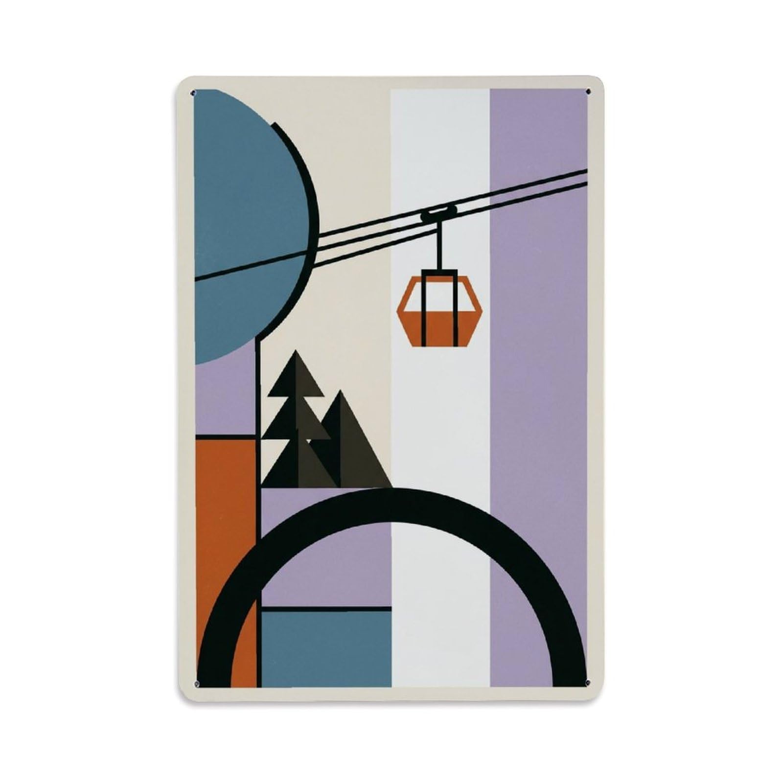 Cream Background Alpine Cable Car Minimal Line Scene Metal Tin Sign Plaque Wall Decor for Cafe, Man Cave, Club Bar, Office, Home Garden Round Metal Poster 8x12Inch