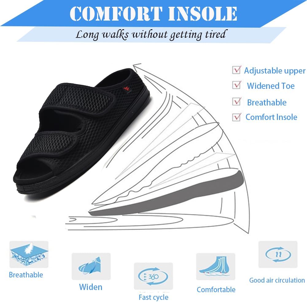 Men's Diabetic Slippers Extra Wide Adjustable Upper Diabetic Shoes for Swollen Feet Plantar Fasciitis Black - Image 3