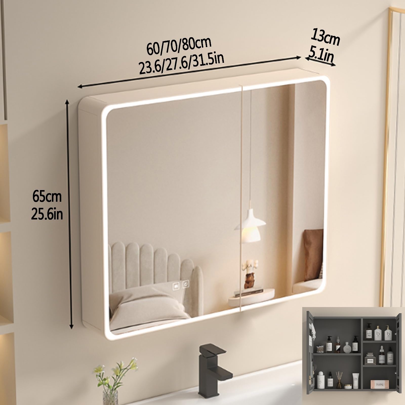 Nowoczesna aluminiowa szafka łazienkowa z lustrem HD i oświetleniem odmgławiającym, prostokątne, wiszące lusterko kosmetyczne z przegródką do przechowywania akcesoriów kosmetycznych
