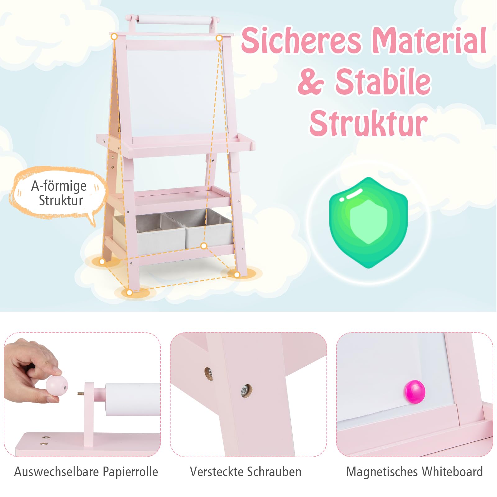 COSTWAY Sztaluga dziecięca 3 w 1, dwustronna, tablica suchościeralna, tablica do pisania kredą, papier rysunkowy, stojąca z magnesami, 2 półki regałowe