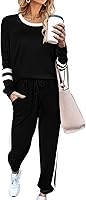 Aloodor Women's 2 Piece Color Block Sweatsuit Set - Crewneck Pullover Sweatshirt & Drawstring Pants Lounge Outfit