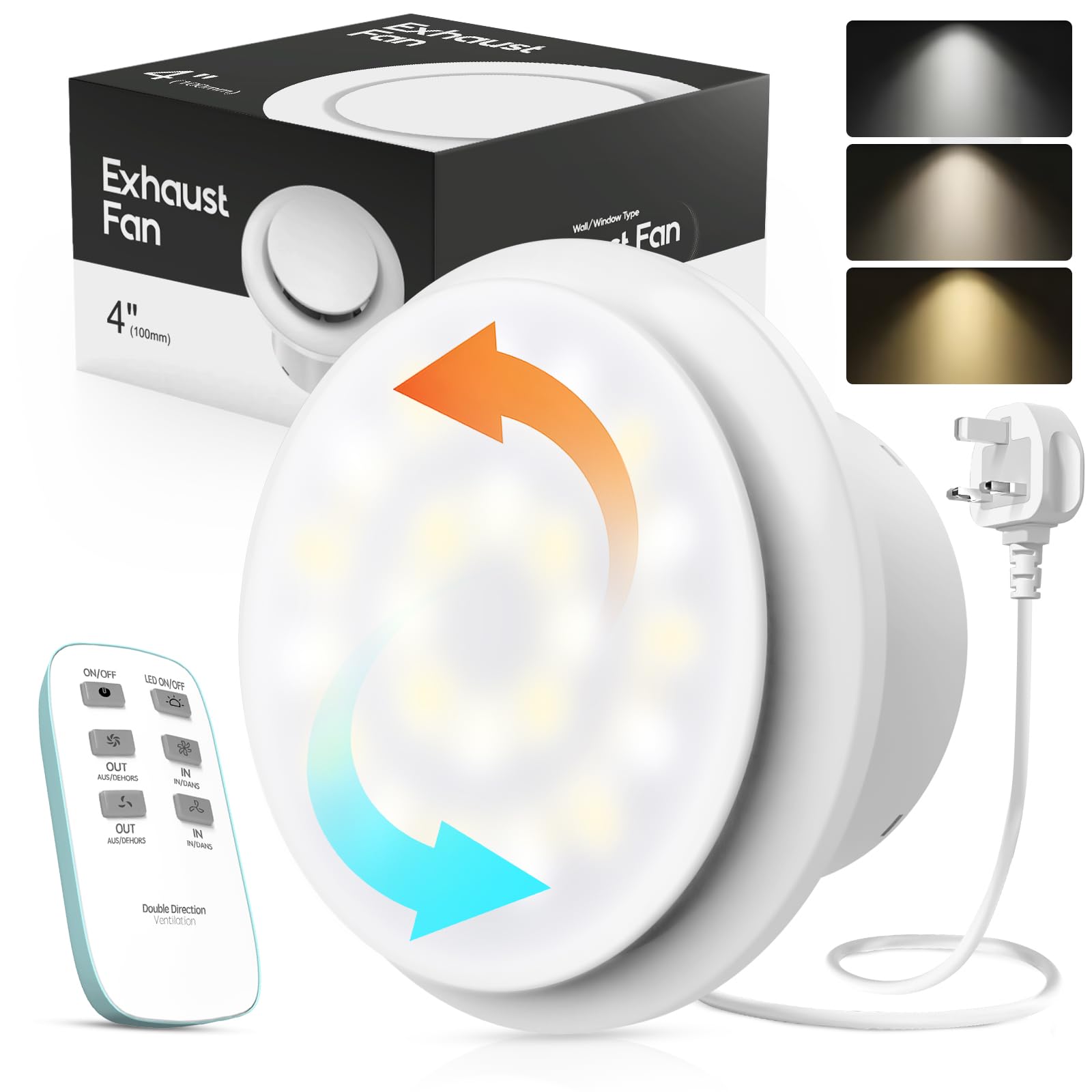 100mm 4" Bathroom Extractor Fan with 3 LED Lights,Upgraded 2 Way/2 Speed Ventilation Fan with Remote,2W Energy Saving Exhaust Fan,Easy Install on Wall Window Ceiling in Bathroom Kitchen Garage [Energy Class A]