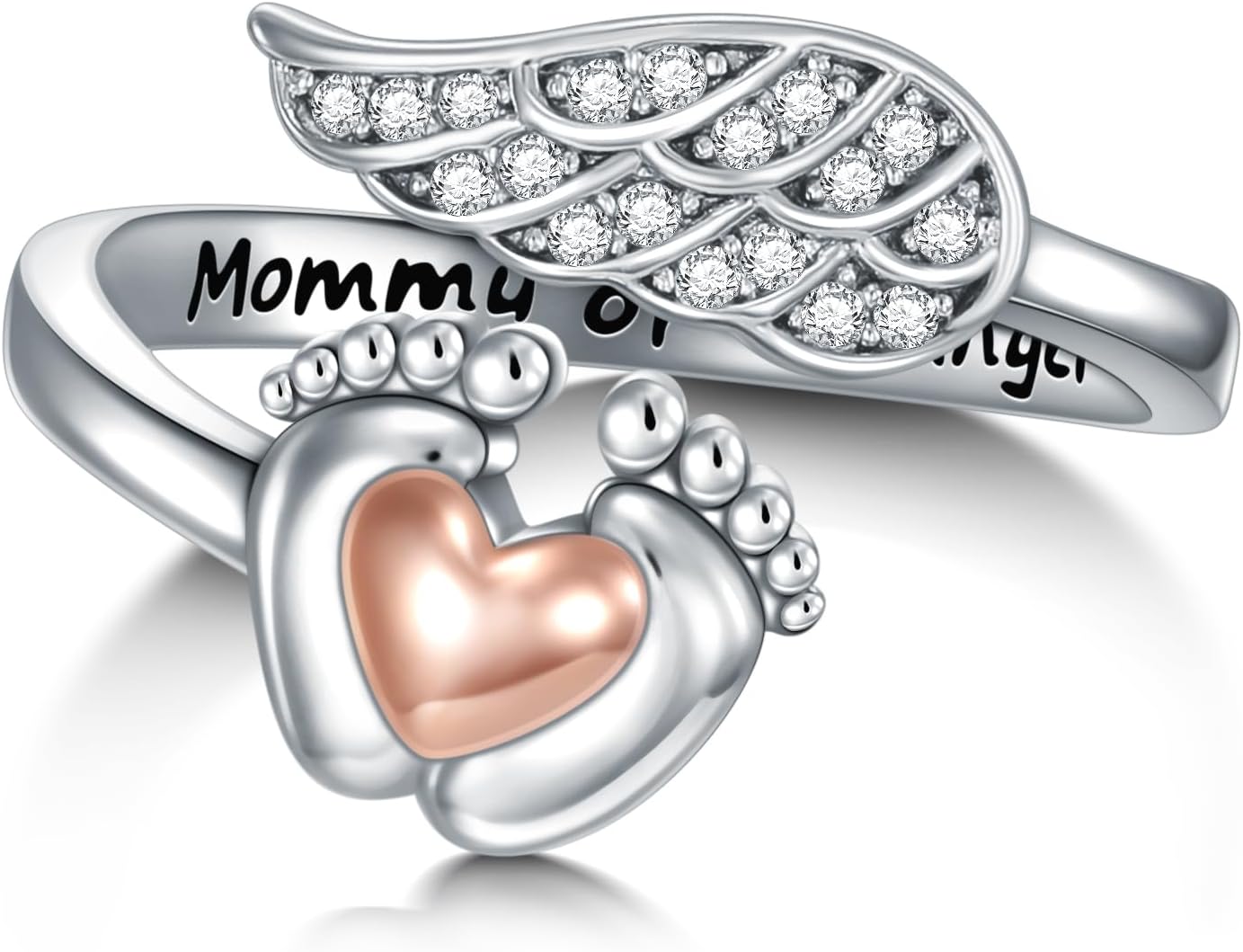 Miscarriage Gift for Mother 925 Sterling Silver Angel Rings Mommy of An Angel Memorial Sympathy Jewelry for Women Baby’s Footprints wing Rings