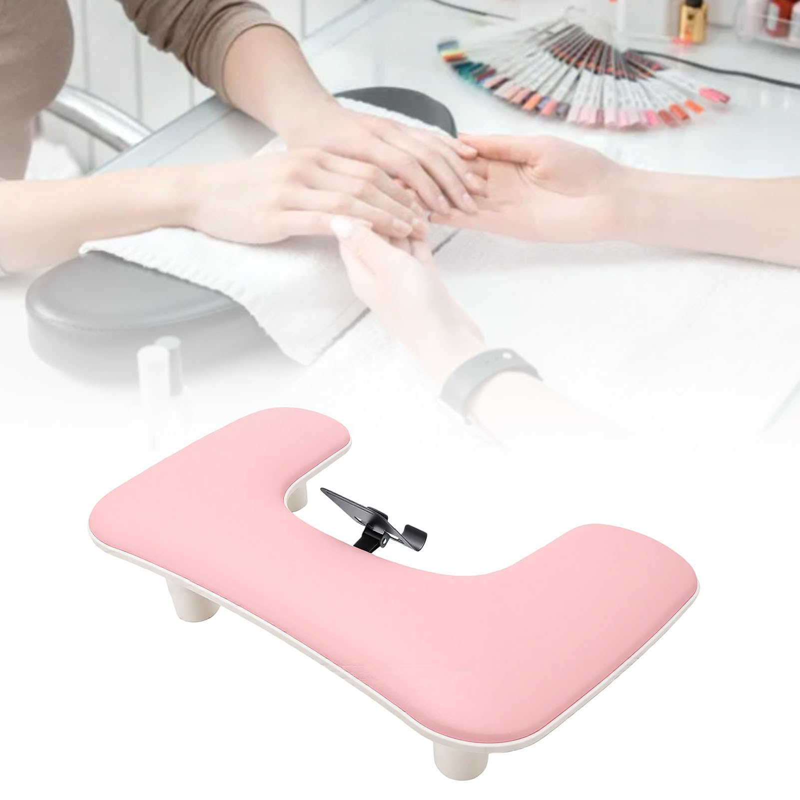 Poggiabraccio per Manicure a Forma di U, Rosa | Supporto per telefono in pelle PU regolabile in altezza, 3 livelli, gambe di bloccaggio regolabili 80 a 150 mm per Nail Tech