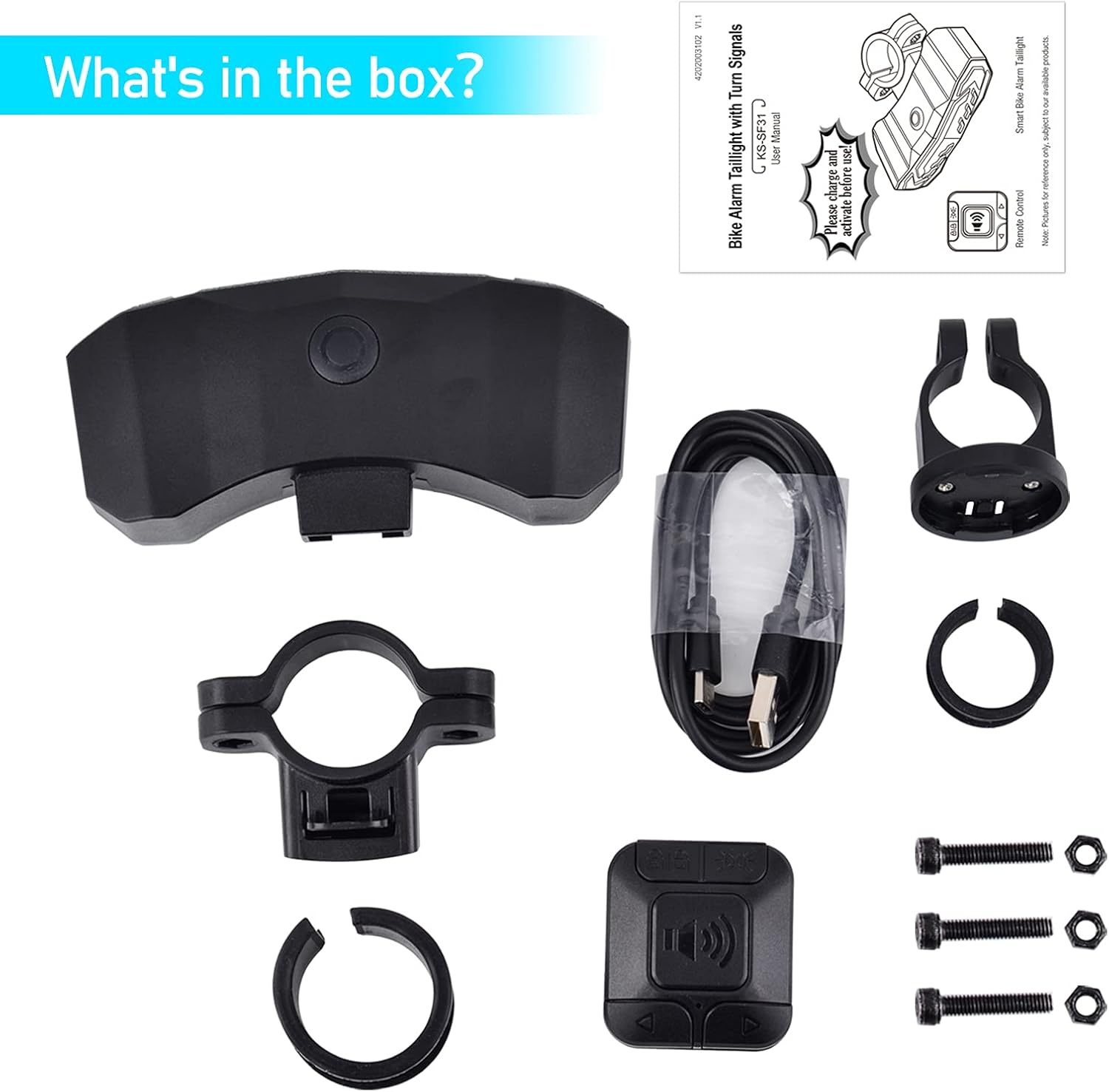 Contents of the NineLeaf KS-SF31 package including taillight, remote, brackets, USB cable, and screws
