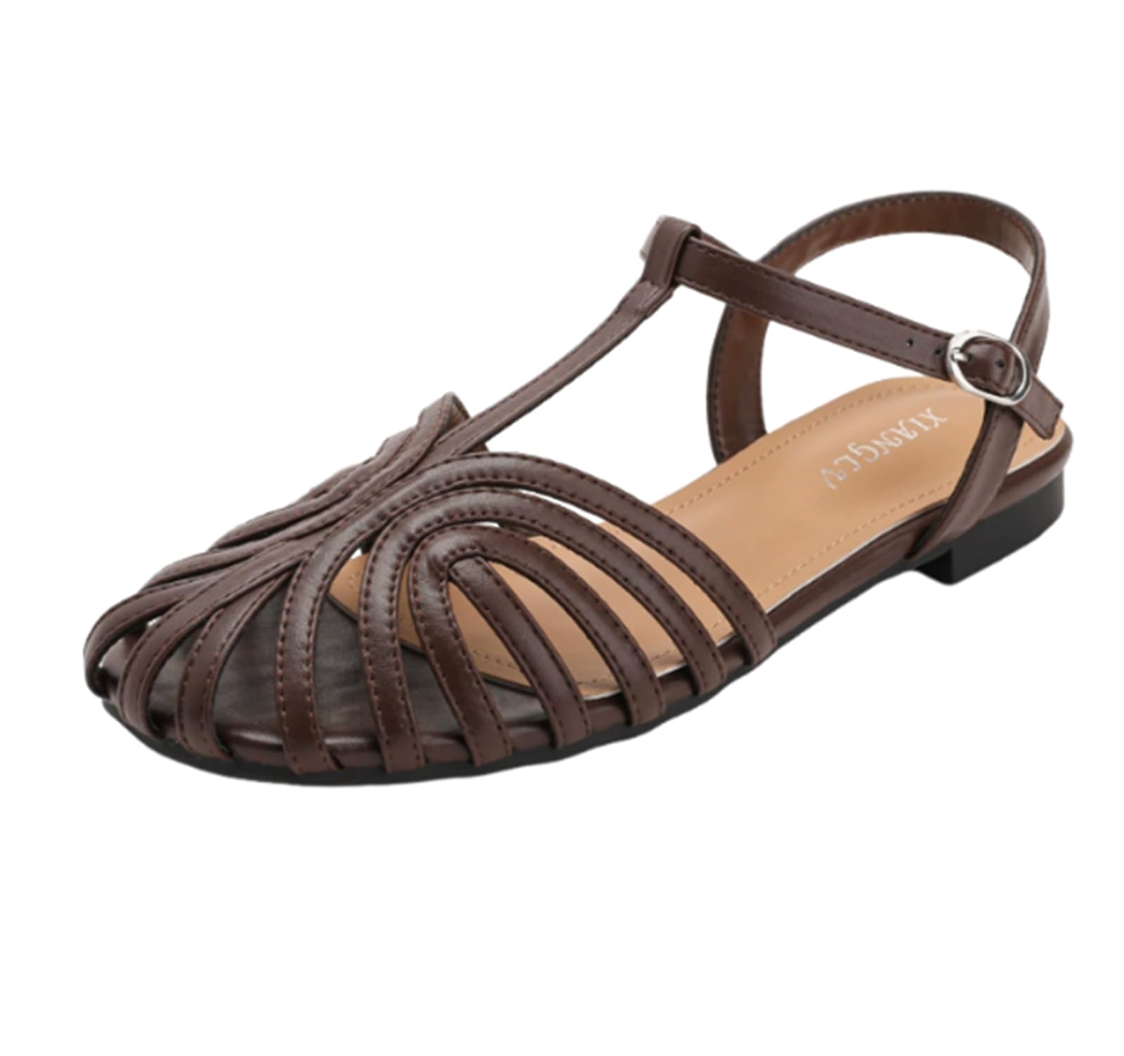 EFLALYHG Sandalias Planas Romanas Cerradas para Mujer, Sandalias con Tira en T y Hebilla Ajustable en el Tobillo, Zapatos Planos Casuales de Verano,Café,42