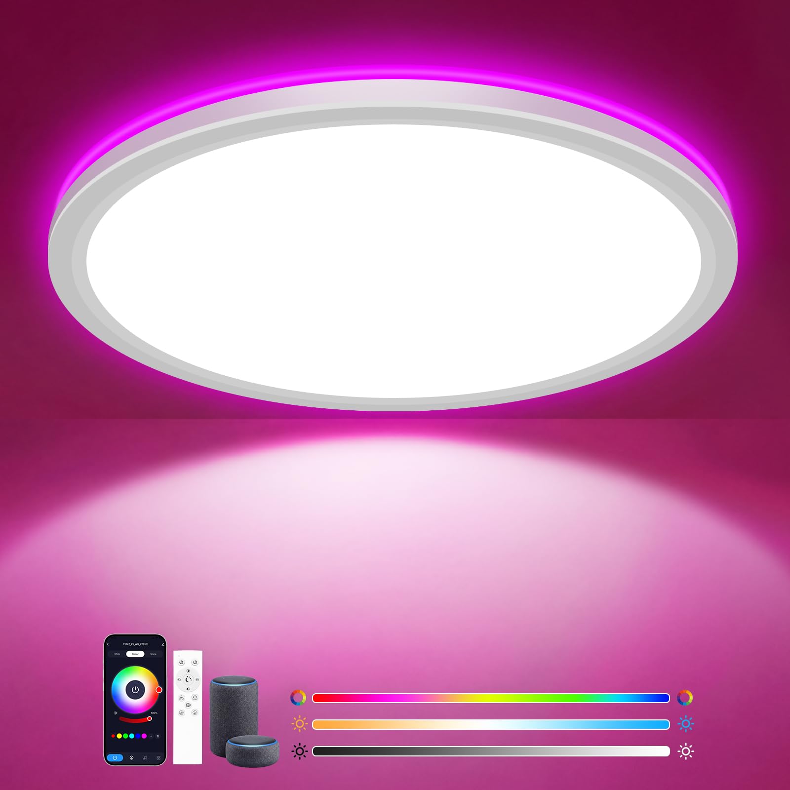 zemty 24W 3200LM LED Deckenleuchte Dimmbar, RGB Deckenlampe Farbwechsel für Kinderzimmer Schlafzimmer