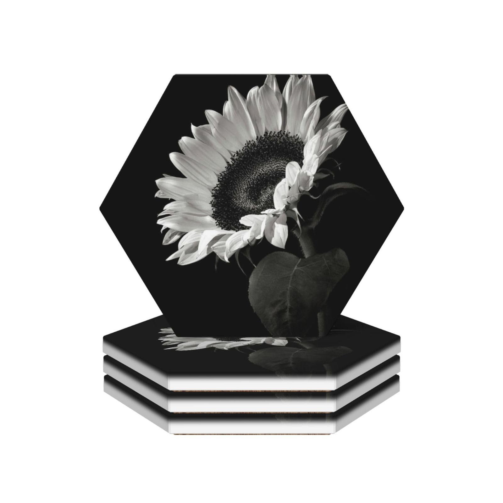 Set di 4 sottobicchieri decorativi in ceramica con stampa di girasole nero e grigio