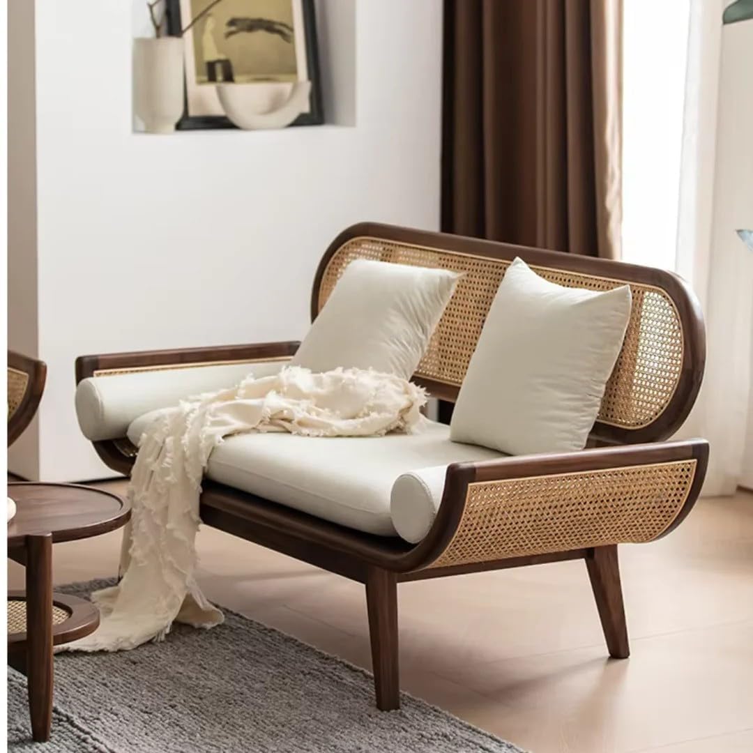 Rattan Cane Sofa with Curved Arms Wooden Frame, Beige Cushions Couch for Living Room (Curved Arm (Two Seater))-image-16
