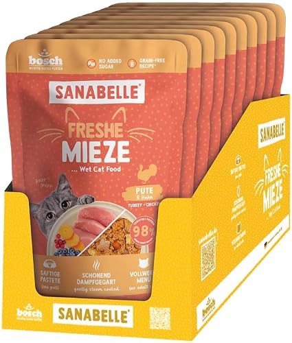 Sanabelle Freshe Mieze - Pute und Huhn,10 x 100 g Beutel voll recyclingfähig, Dampfgegartes Nassfutter für Katzen, Katzenfutter wie frisch gekocht, Eine Marke von Bosch Tiernahrung