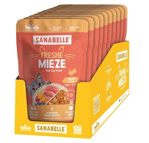 Sanabelle Freshe Mieze – Pavo y Pollo, 10 Bolsas de 100 g Totalmente reciclables, Comida húmeda al Vapor para Gatos, Comida para Gatos como recién cocida, una Marca de Alimentos para Mascotas Bosch