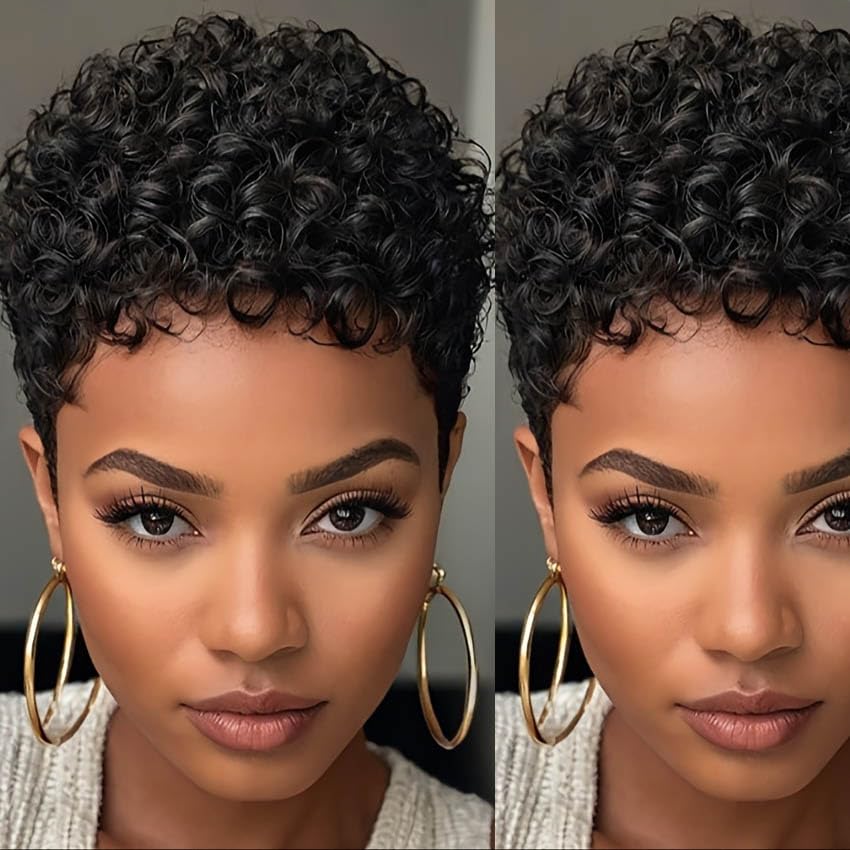Short Curly Pixie Cut Wigs with Bangs Human Hair for Black Women Non Lace Full Machine Made Rose Net Cap Human Hair Pixie Wig Brazilian Virgin Glueless Bob Wig Human Hair Short Layered Wigs For Women Natural Color