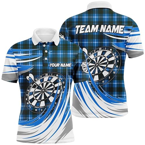 Personalised Blue Darts Board Plaid Pattern Darts Polo & Qua