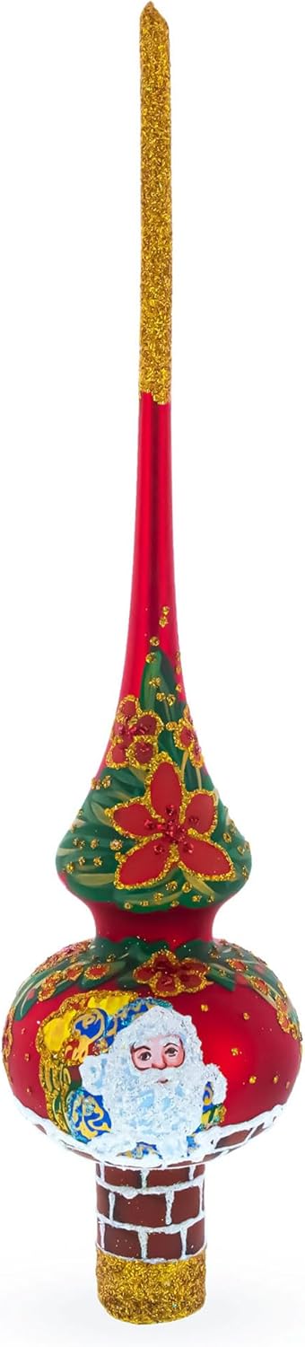 Santa Climbing Down Chimney on Red Mouth Blown Glass Christmas Tree Topper 11 Inches