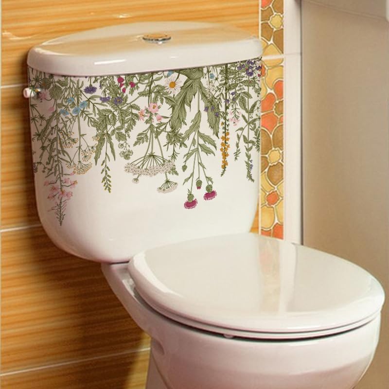 Green Plant Chrysanthemum Flowers Toilet Cover Sticker Decals,Butterfly Flower Leaf Waterproof Toilet Lid Tank Seat Decals Cistern Self-Adhesive Bathroom Wall Sticker